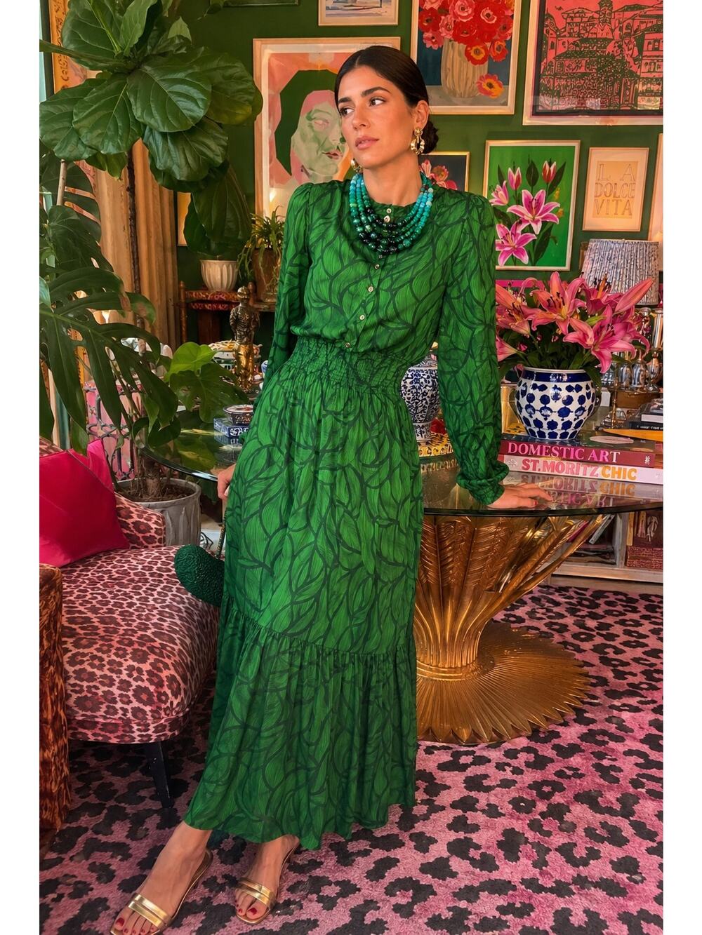 Tuckernuck - Tucker Green Abstract Print Smocked Waist Maxi Dress 100% Silk